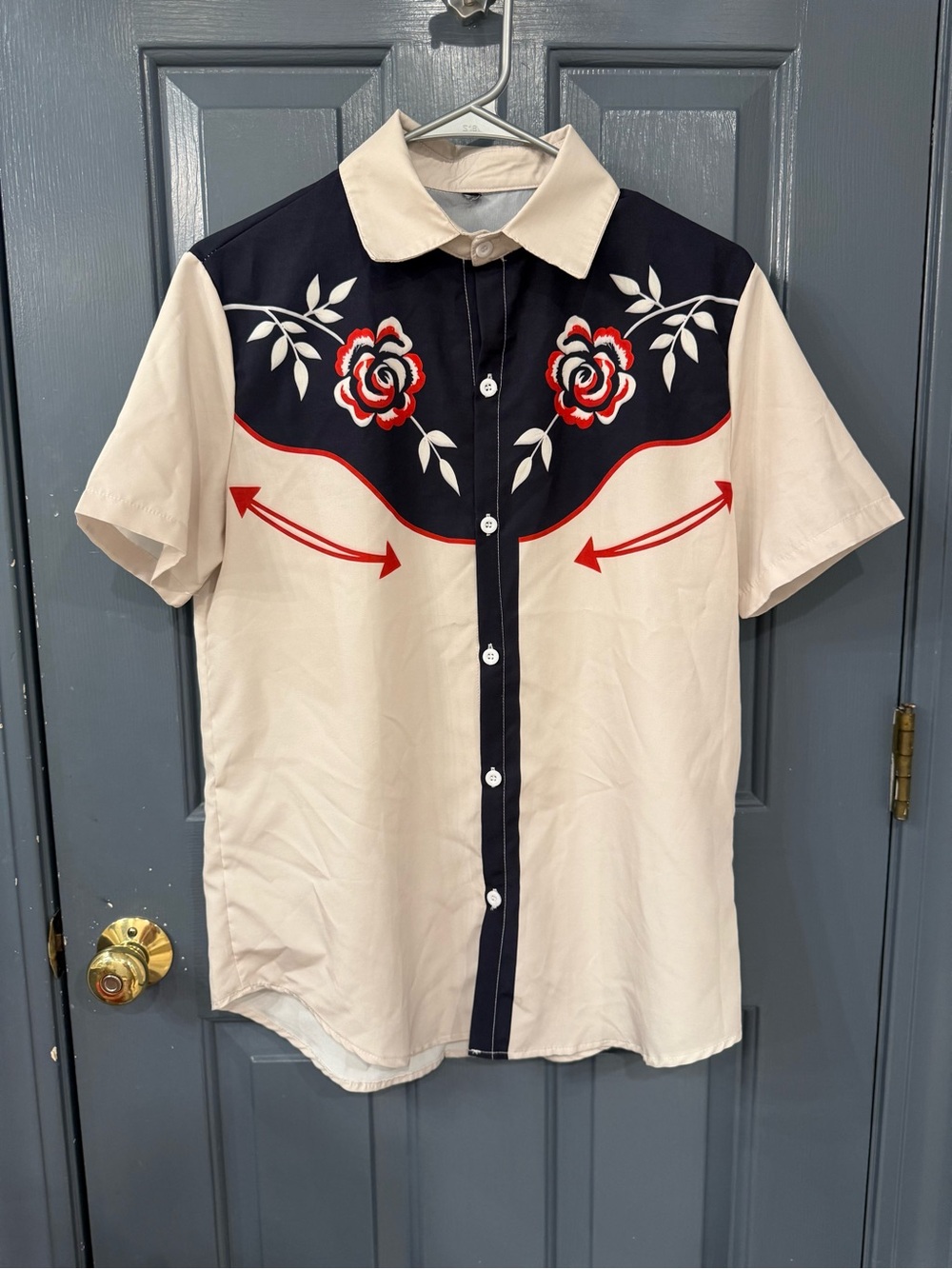 Men's Short-Sleeve Button-Down Western Print Shirt in Beige, Black & Red Floral